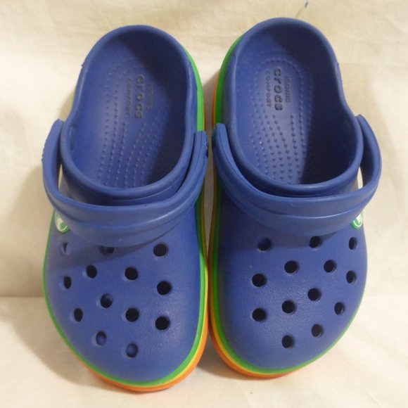 CROCKS, blue with multi colored sole, size 9, GUC